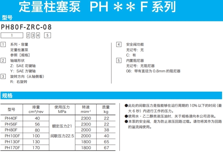 日本东京计器定量柱塞泵PH**F系列参数 日本东京计器定量柱塞泵PH**F系列参数