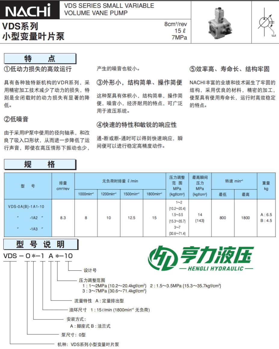 NACHI变量叶片泵VDS系列规格及型号说明 NACHI变量叶片泵VDS系列规格及型号说明