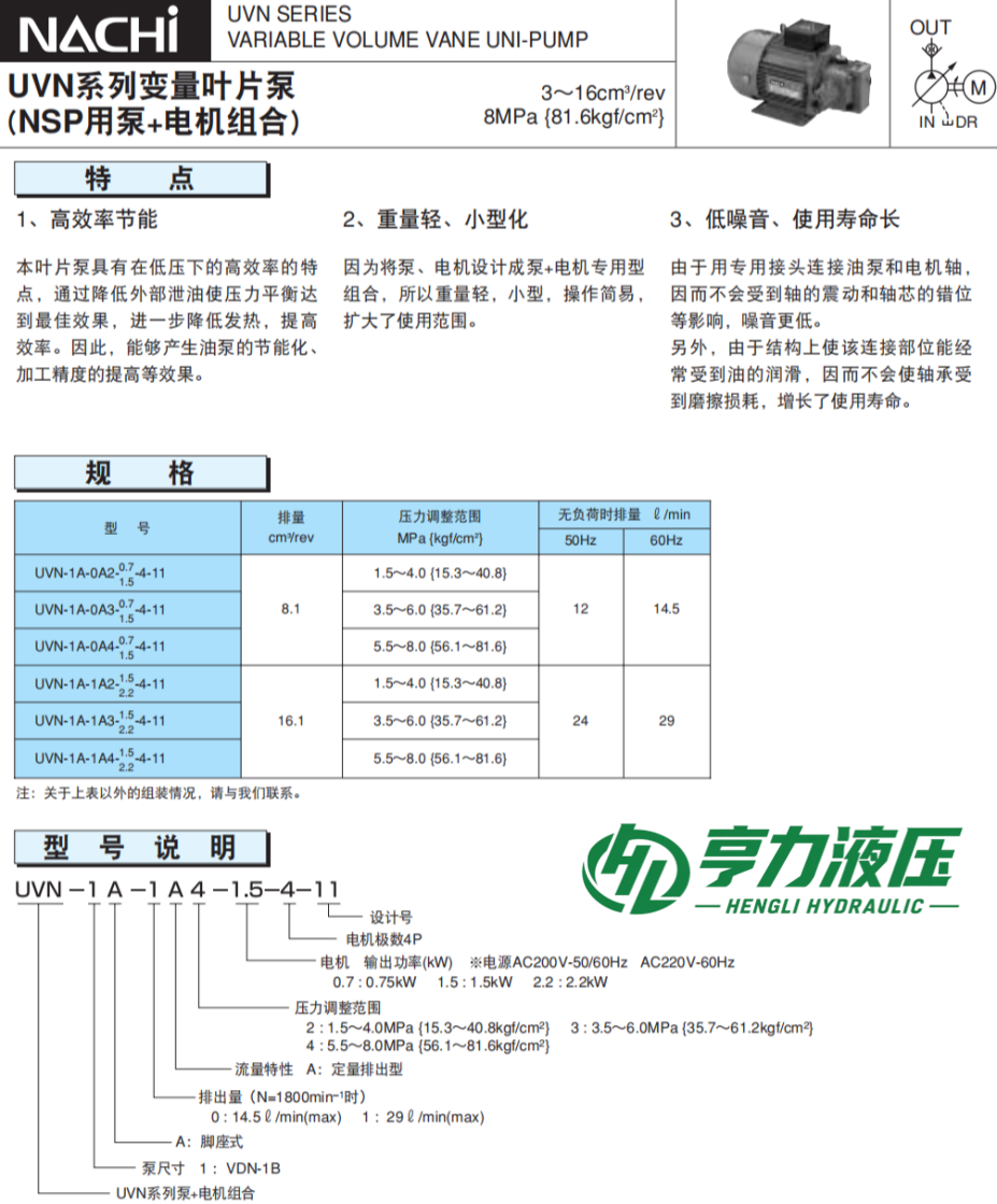 不二越UVN系列变量叶片泵规格及型号说明 不二越UVN系列变量叶片泵规格及型号说明
